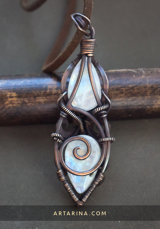 Two moonstones wire wrapped pendant