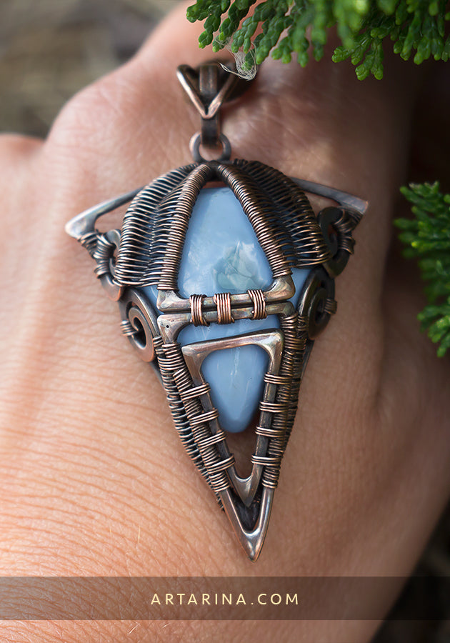 Blue opal wire wrap pendant