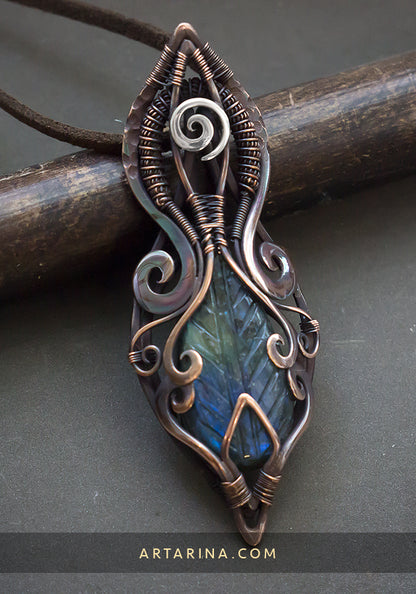 Carved leaf copper wire wrap necklace