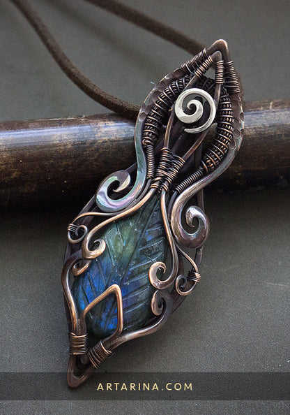 Carved leaf copper wire wrap necklace