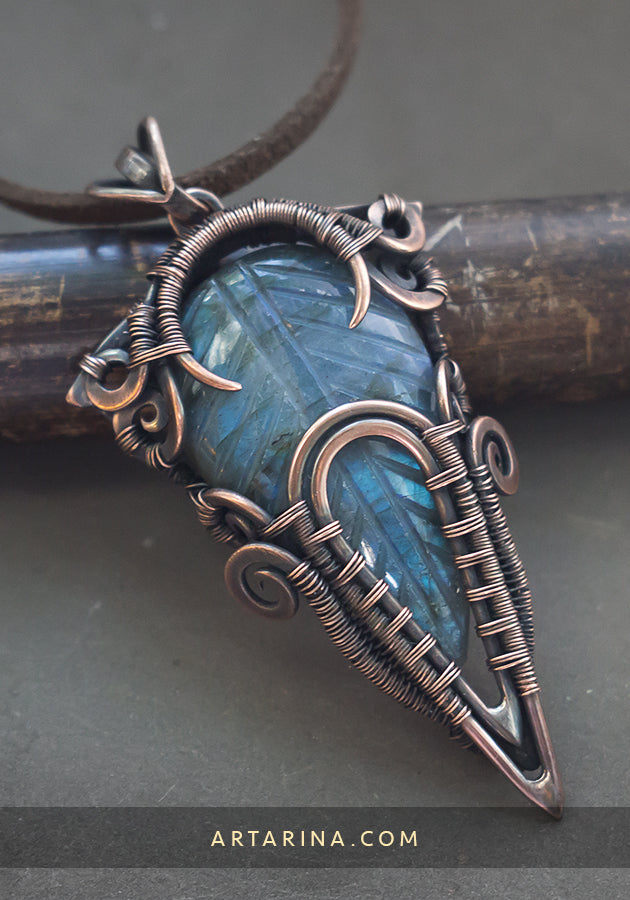 Wire wrapped carved stone necklace