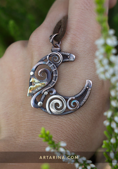 Wire wrap crescent moon pendant