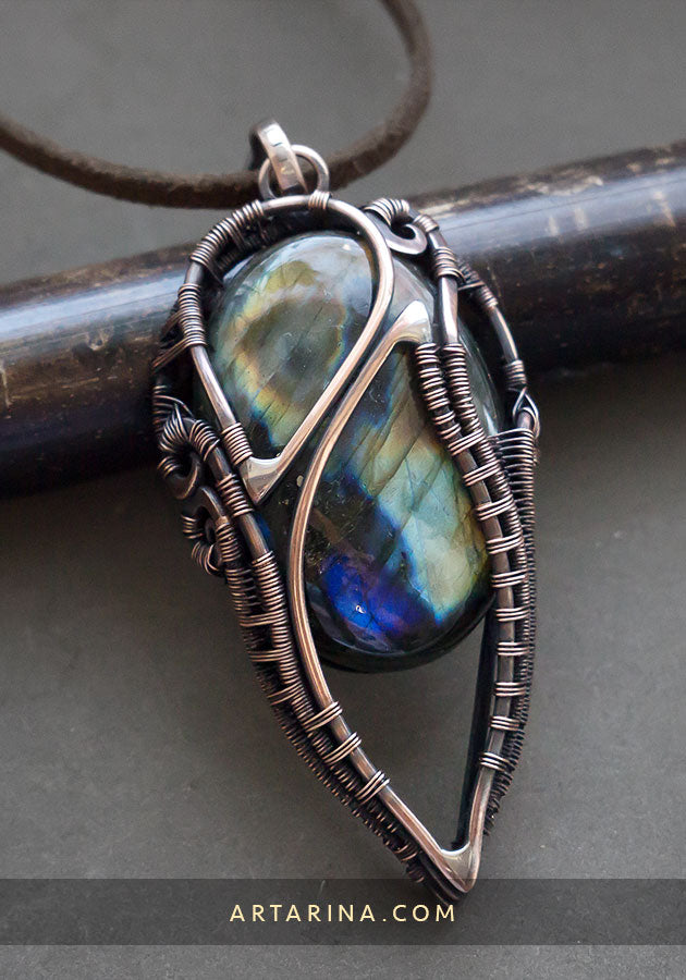 Multicolor labradorite wire wrap necklace pendant