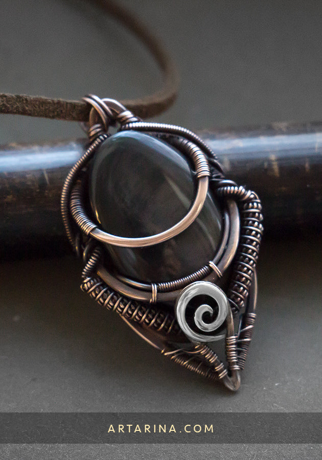 Obsidian wire wrap jewelry necklace