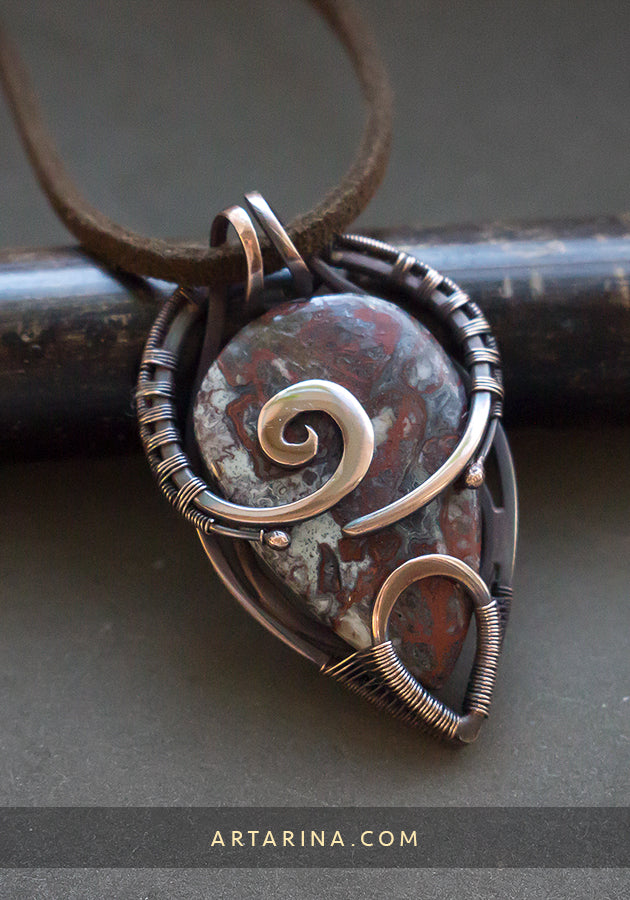 Crazy lace agate wire wrapped pendant