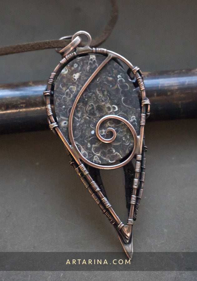 Turritella agate wire wrap pendant