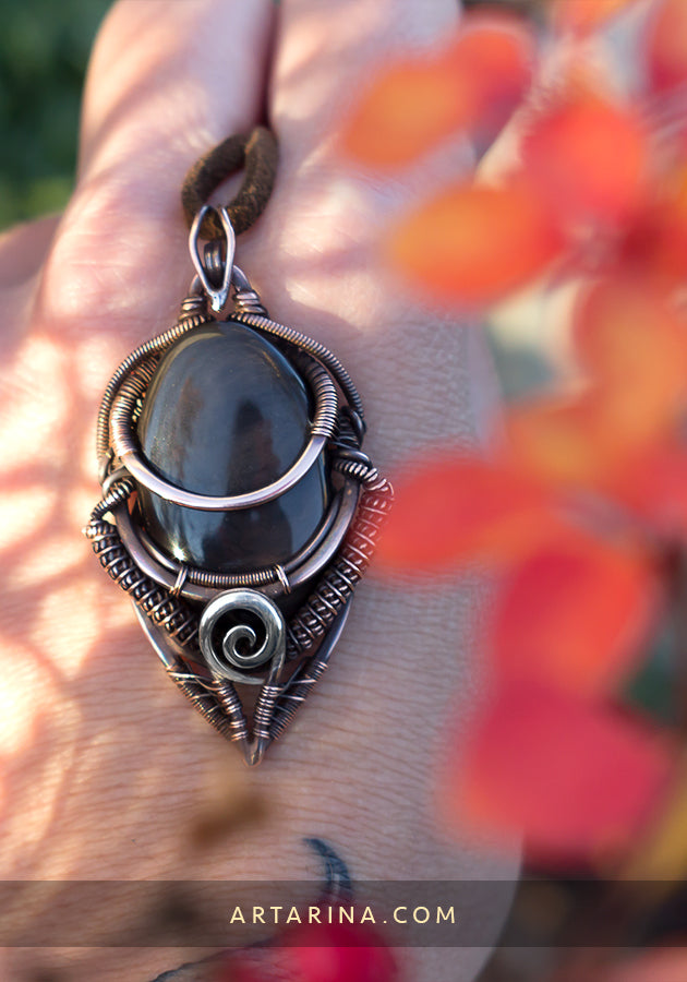 Obsidian wire wrap jewelry necklace