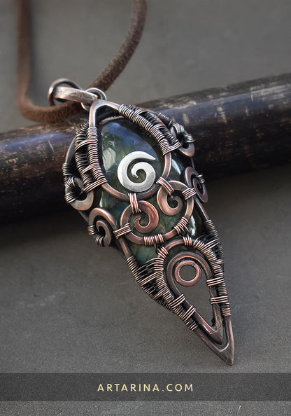 Green labradorite wire wrap necklace pendant