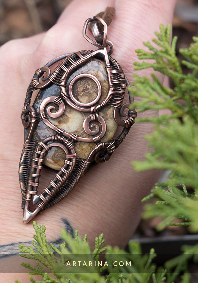 Wire wrapped petrified wood/agate pendant - Jewelry