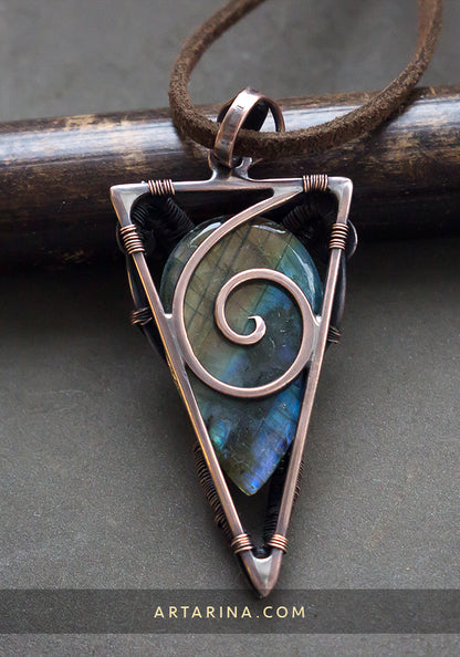 Wire wrapped copper triangle pendant