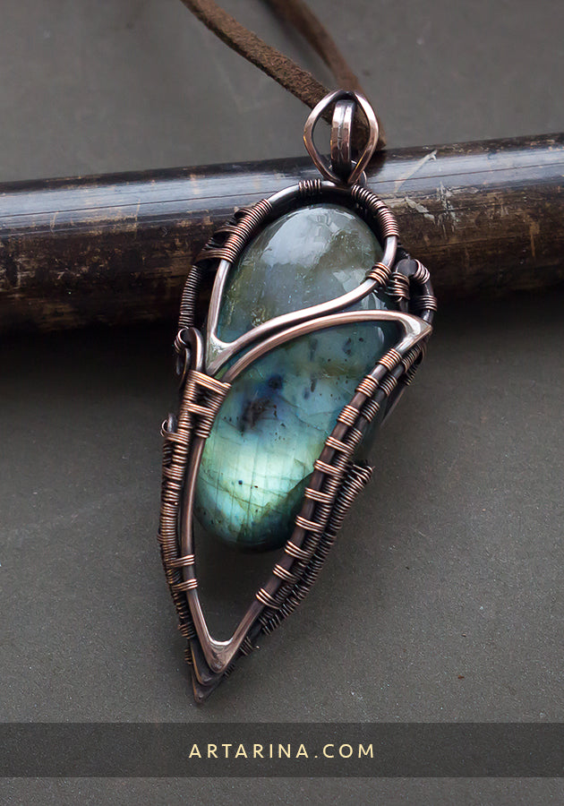 Wire wrapped copper labradorite stone necklace