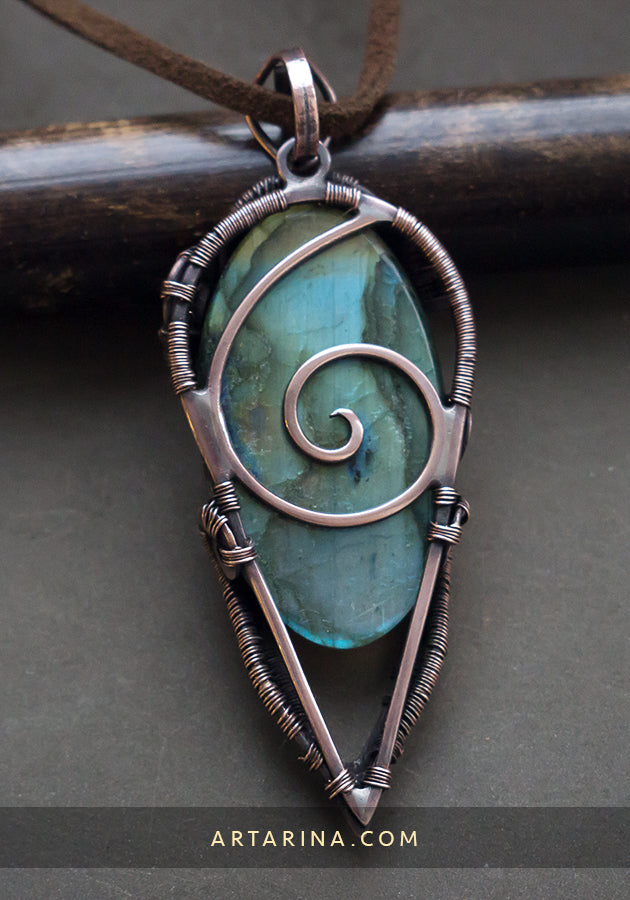 Wire wrapped copper labradorite stone necklace