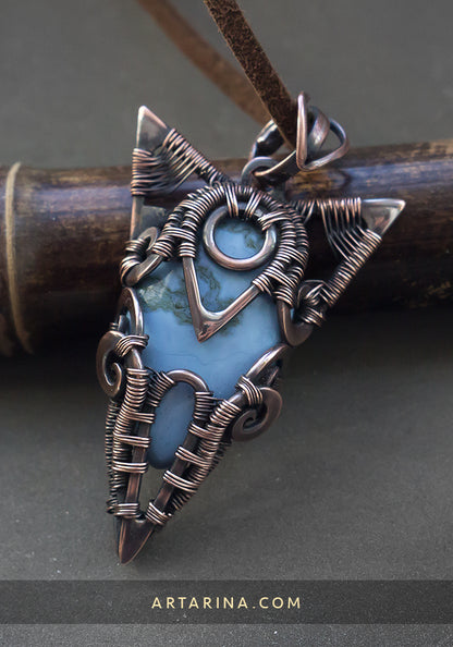 Blue opal wire wrapped pendant