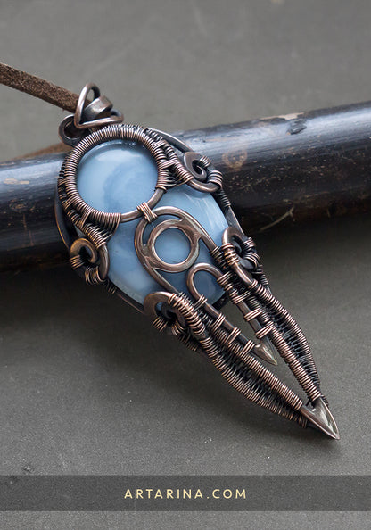 Wire Wrapped Pendant blue opal Copper Wire Filigree Wire Wrap Pendant Handmade Bohemian Tribal Jewelry Beautiful Natural Gemstone Crystal opal light blue Wire jewelry