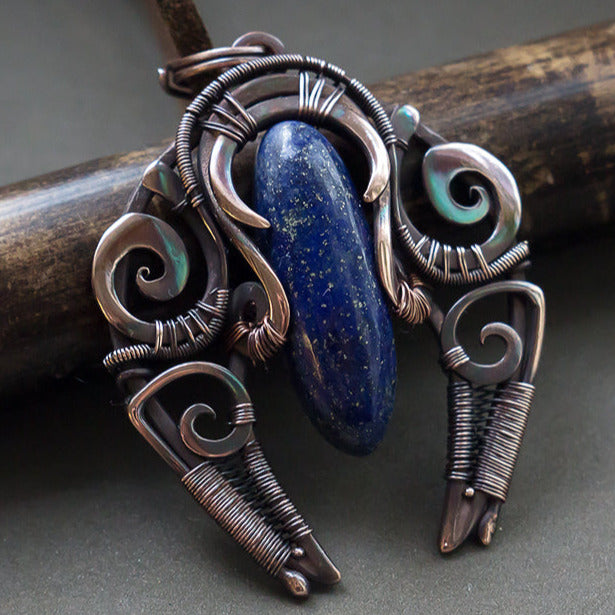Blue sodalite natural stone pendant nekclace made from raw natural copper wire in wire-wrapped technique Sodalite wire wrapped pendant. Wirework deep blue  gemstone necklace by artarina