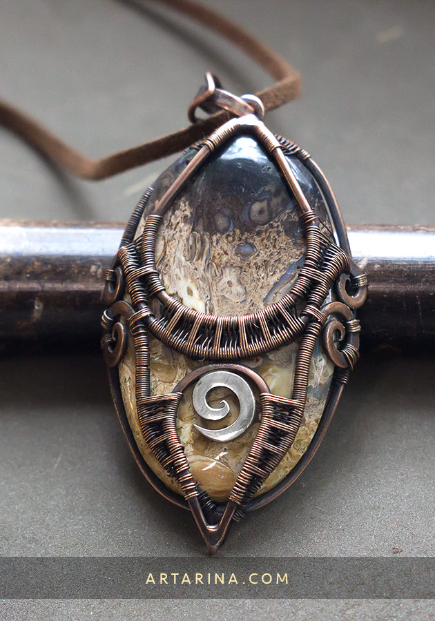 Petrified wood jewelry pendant Wire wrapped copper Petrified wood brown and black stone wirewrapped necklace by artarina