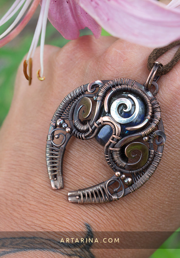Crescent moon wire wrapped copper pendant with stone Wire wrap pendent Protection nature spirit energy amulet Wire wrapped stone necklace Silver spiral handcrafted healing jewelry pendant by artarina