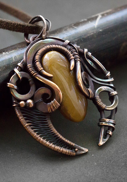 Tigers eye wire wrapped copper pendant. Handcrafted unique one of a kind necklace made from pure raw copper and natural tigers eye stone.