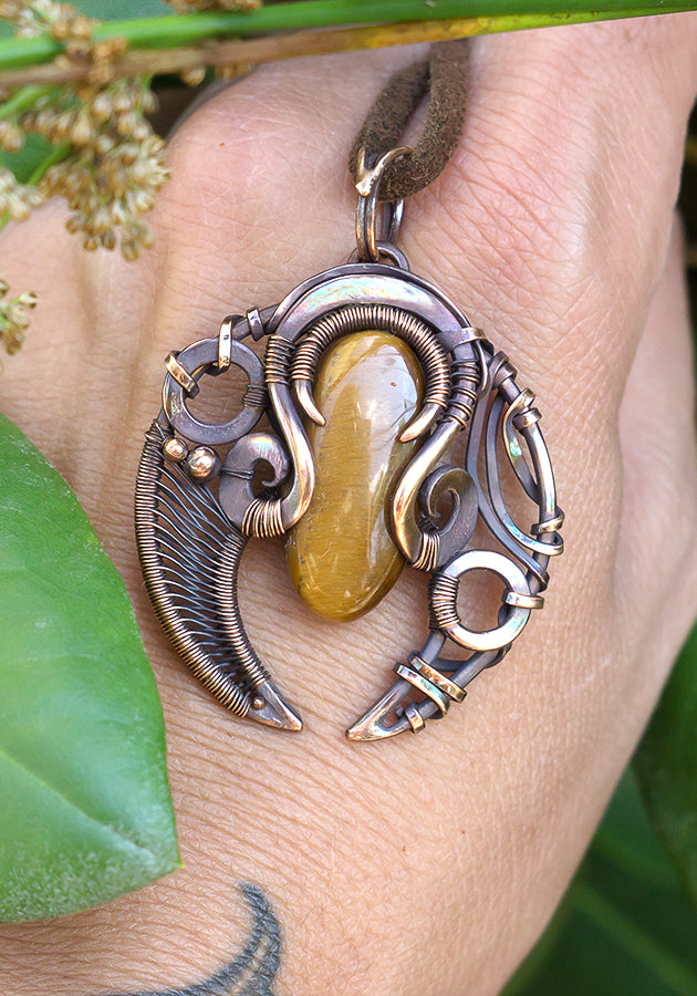 Tigers eye wire wrapped copper pendant. Handcrafted unique one of a kind necklace made from pure raw copper and natural tigers eye stone.