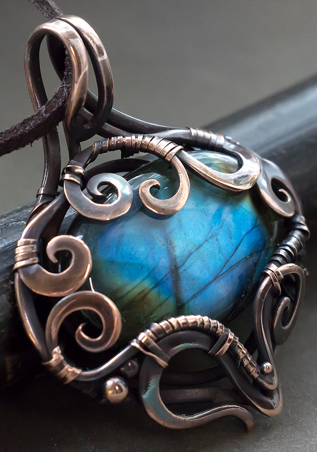Copper wire wrapped pendant with labradorite Wire wrap pendent. Protection amulet. Wire wrapped blue stone necklace Energy spiritual protection gift unique copper designer ooak jewelry by artarina