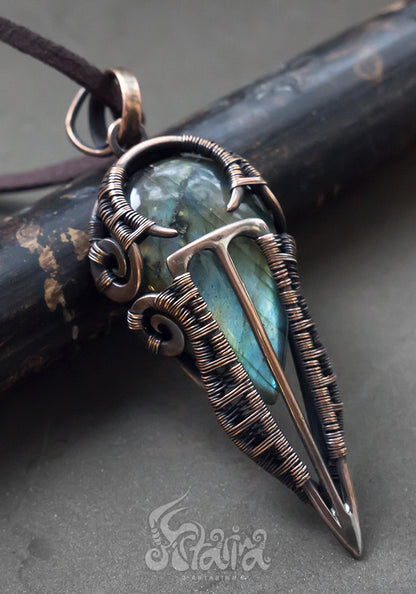 Copper wire wrapped man pendant with labradorite.