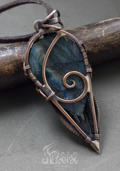 Copper wire wrapped man pendant with labradorite. 