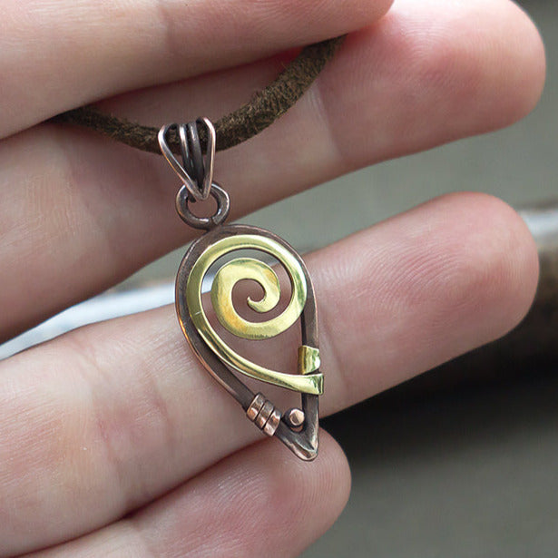 Golden color spiral wire wrapped Filigree pendant Small spiral shaped copper wire wrapped simple necklace Small copper wire wrapped pendant Minimalist designer wire wrap jewelry Unique oxidized copper crystal necklace by artarina