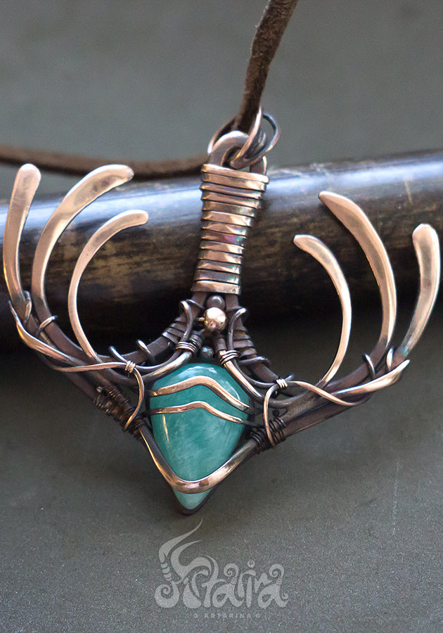 Protection amulet Wire wrapped light blue amazonite stone necklace