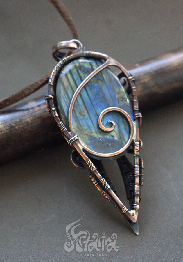 Wire wrapped pagan necklace with stone. Copper wirewrap Cosmic space pendent by artarina