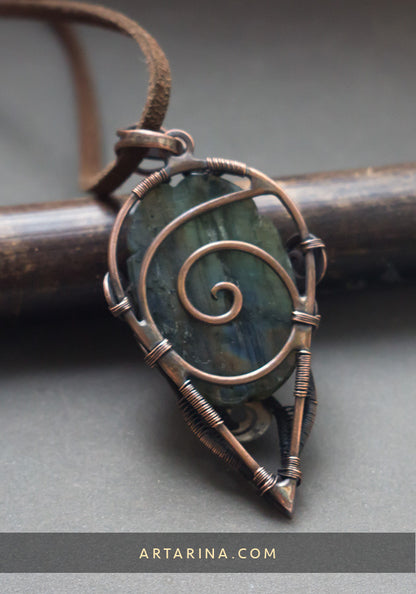 back side Brown gothic pendant with carved blue labradorite