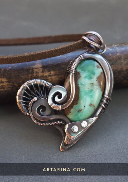 Boulder chrysoprase copper heart pendant