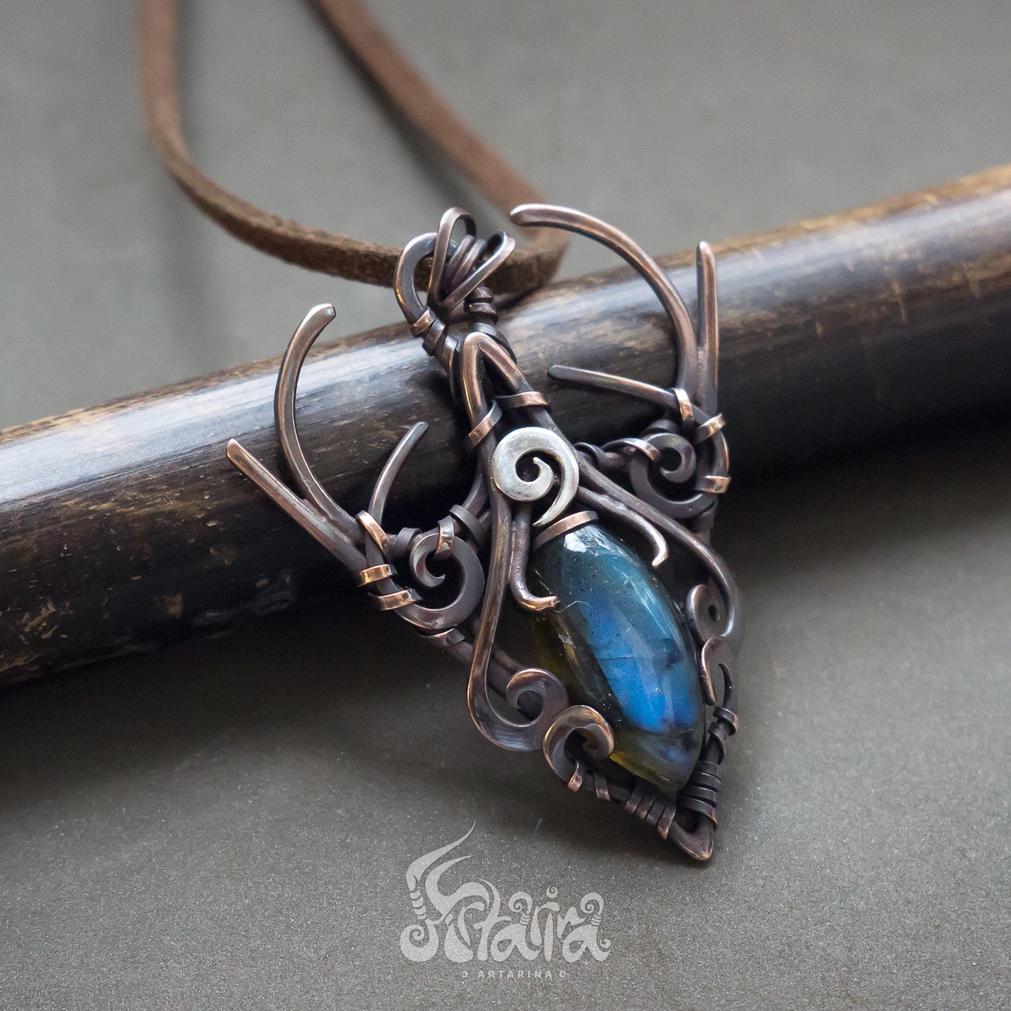 his unique and one of a kind fairy elven necklace was made in wire wrap technique from pure copper and natural light blue amazonite. This gothic elven dainty crescent moon lunula elven talisman jewelry necklace pendant 
