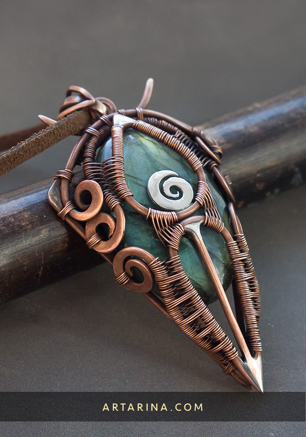 Copper and silver pagan pendant with labradorite