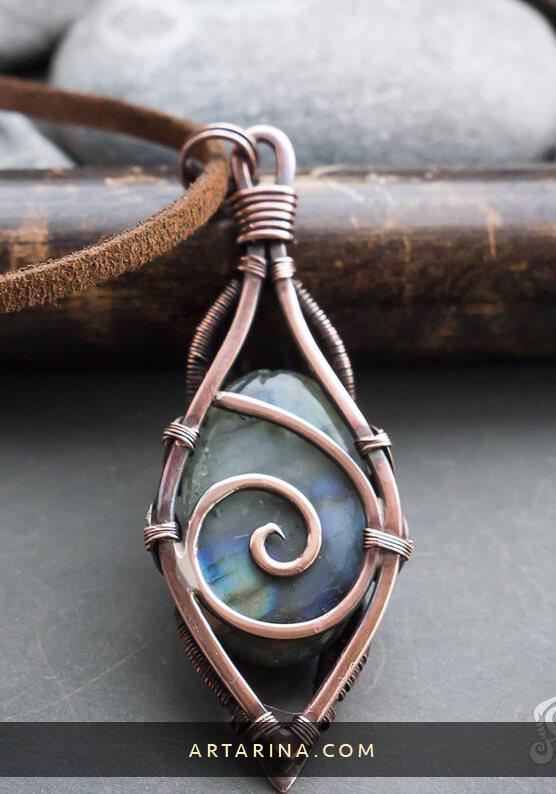 back side magician necklace made from copper, silver and green labradorite cabochon.