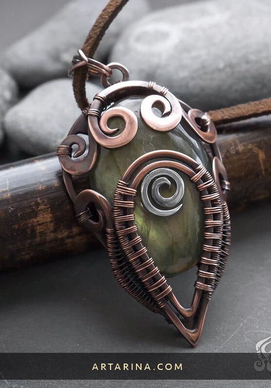 Fay copper and silver spiral pendant with silky green labradorite