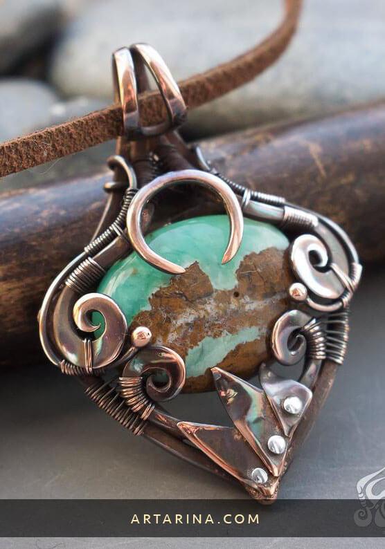 Dark age inspired antiqued copper necklace with bouder green chrysoprase