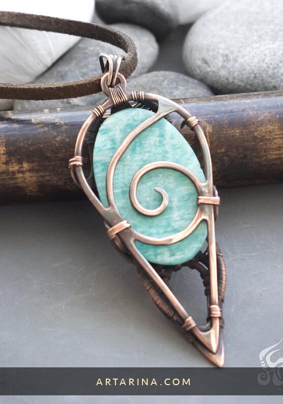 back side Copper wire wrapped pendant with blue amazonite gemstone