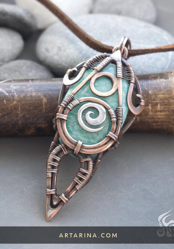 Copper wire wrapped pendant with blue amazonite gemstone