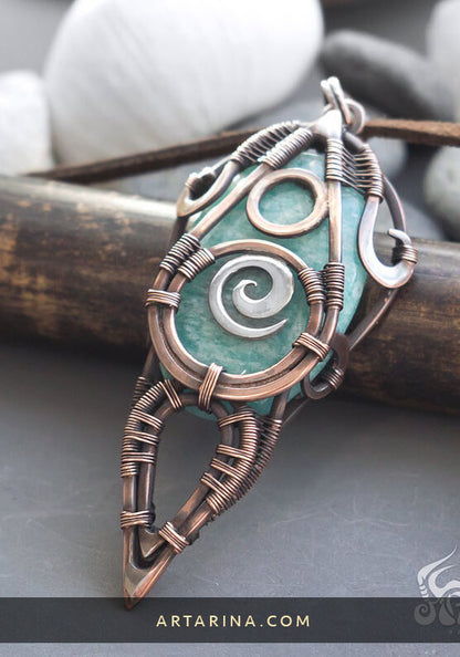 wire wrap amazonite blue gemstone pendant