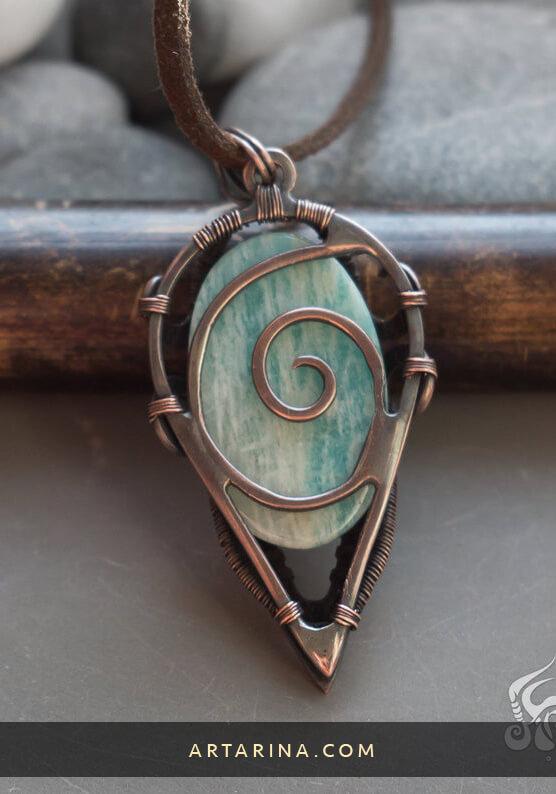 back side copper wire wrapped pendant with amazonite.