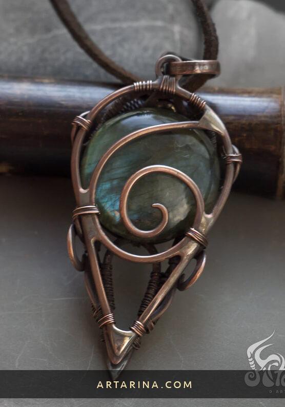back side Copper and silver sci fi wire wrapped pendant with labradorite