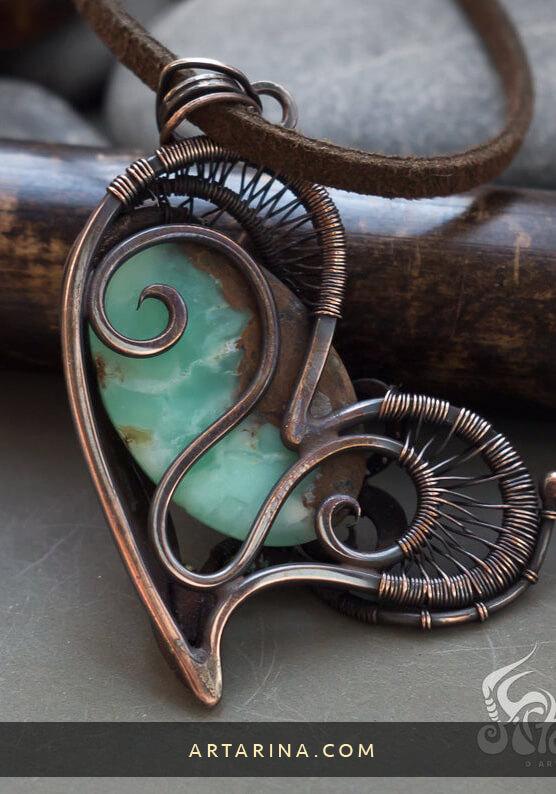 back side Wire wrapped copper heart pendant with chrysoprase