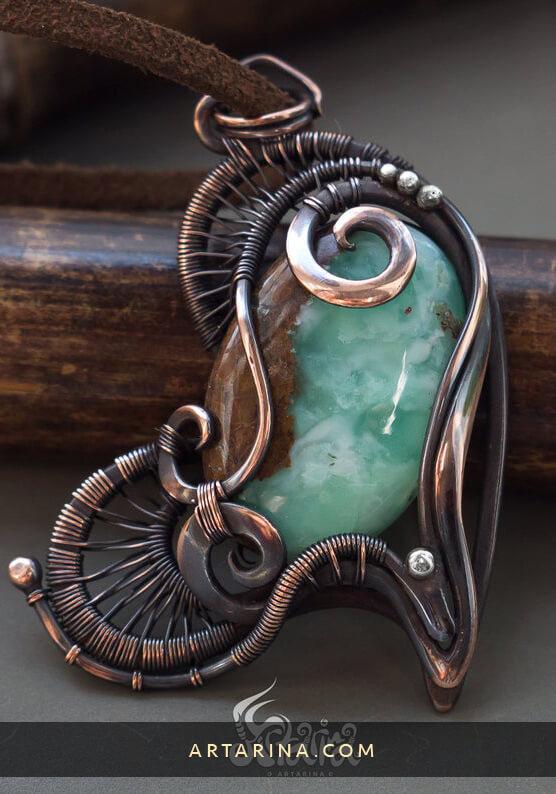Wire wrapped copper heart pendant with chrysoprase