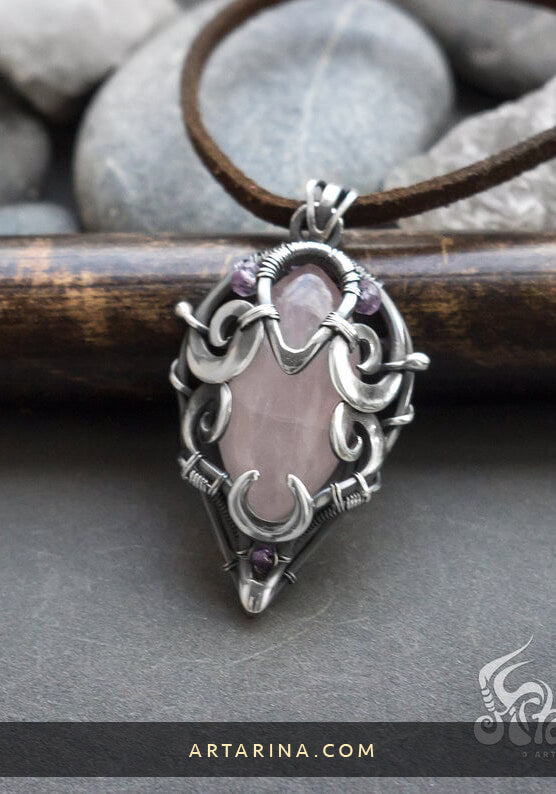 silver wire handmade necklace with rose quartz