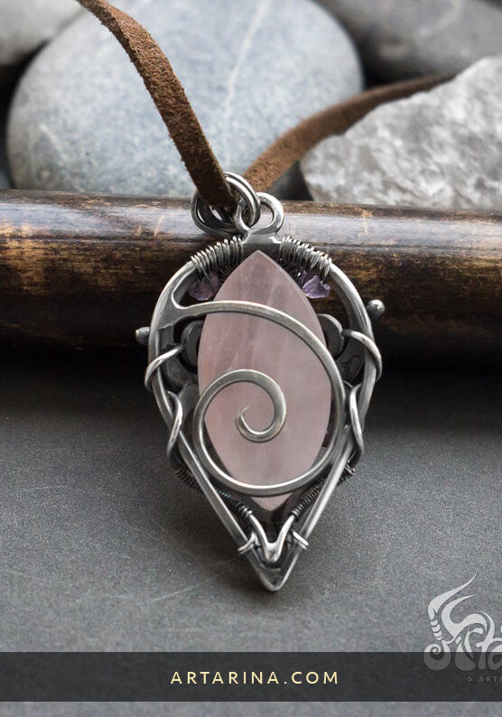 back side silver wire handmade necklace with rose quartz