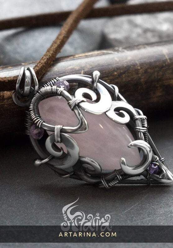 wire wrap silver rose quartz necklace