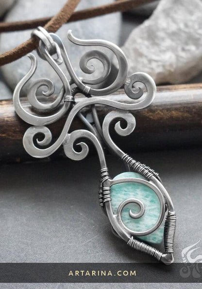 back side Sterling silver wire wrapped pendant with amazonite