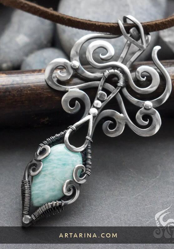 Amazonite gemstone wrapped in silver