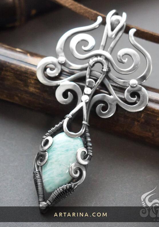 Sterling silver wire wrapped pendant with amazonite