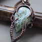 Copper wire wrapped handcrafted amulet pendant with green jasper gemstone.